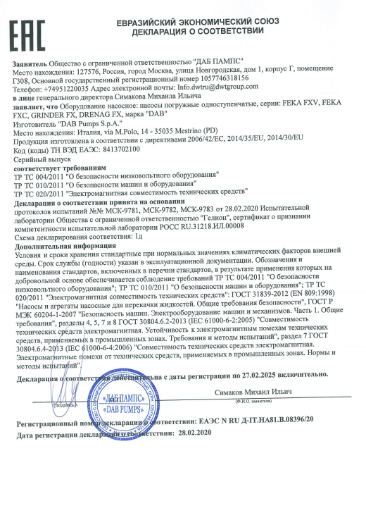 ДЕКЛАРАЦИЯ О СООТВЕТСТВИИ НА НАСОСЫ СЕРИИ FX